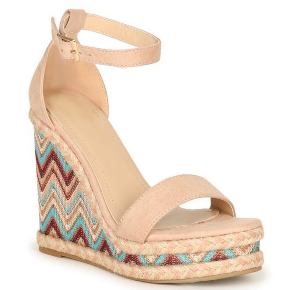 NUDE BOHO MULTI-COLOR WOVEN UNIQUE AZTEC STYLE PRINT ESPADRILLE WEDGE HEELS